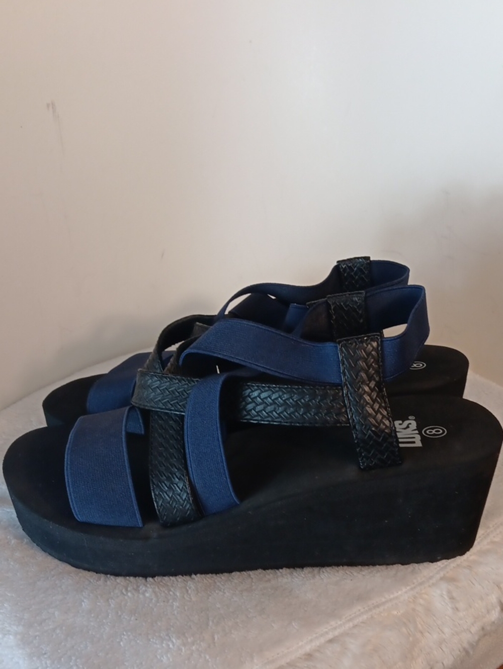 Muk Luks Navy and Black Wedge Sandals with Braided Straps